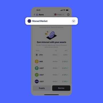 A mobile phone mockup showing the Monad Market interface on the Aave app, displaying an 'Earn interest with your assets' screen for tokens like ETH, BNB, USDT, and USDC.