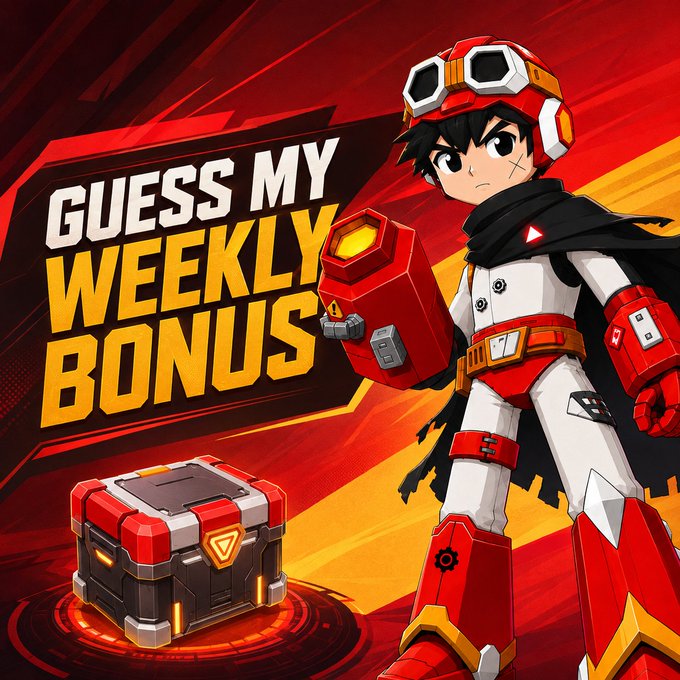 A bold promotional graphic featuring a red-and-white armored hero with a cape and oversized mechanical gauntlet, accompanied by the headline "GUESS MY WEEKLY BONUS" alongside a glowing red-and-black loot crate — visually tying into the post's teaser for the upcoming "Mech Strike" slot and the weekly bonus guessing contest.