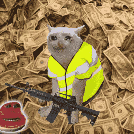 A white cat wearing a yellow safety vest holds an assault rifle while standing on a pile of dollar bills, accompanied by a small red blob character, satirically depicting the chaotic and money-fueled frenzy of NFT season making a comeback.
