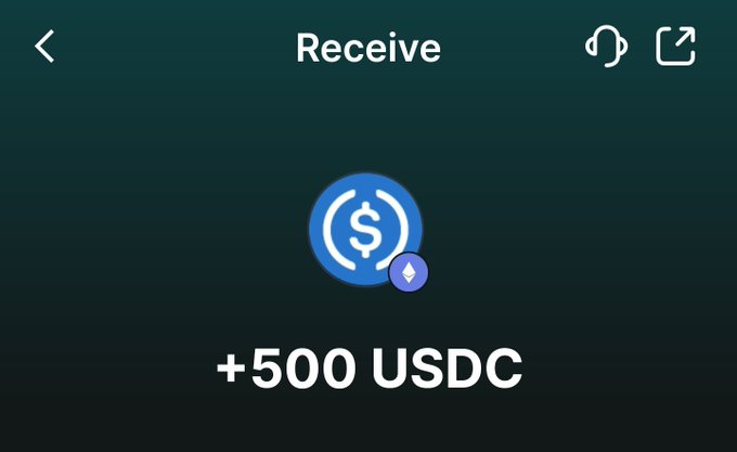 The image shows a "Receive" screen from a crypto wallet displaying +500 USDC, with a USDC logo and an Ethereum icon. This aligns with the post's celebration of a "First win in August" Web3 reward, showcasing the received 500 USDC tokens.