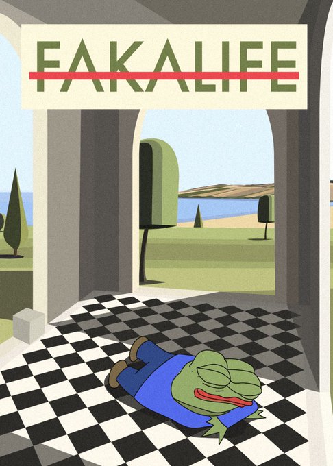 An illustration showing Pepe the Frog lying on a checkered floor inside an archway, with 'FAKALIFE' crossed out in red at the top and a peaceful landscape visible through the opening.