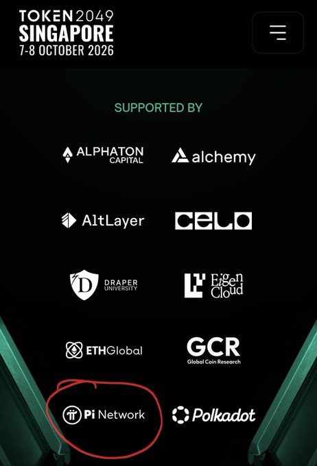 Pi Network's logo is circled in red on the TOKEN2049 Singapore 2026 "Supported By" sponsors list, highlighting its inclusion among backers like Alchemy, Polkadot, Celo, and ETHGlobal.