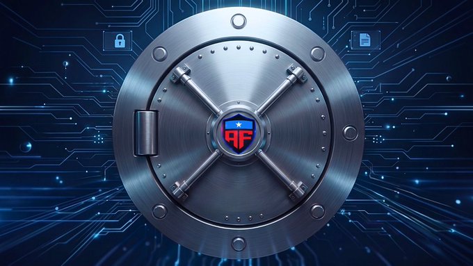 Digital artwork of a large metallic bank vault door with a red '4F' logo in the center, set against a glowing blue circuit board background.
