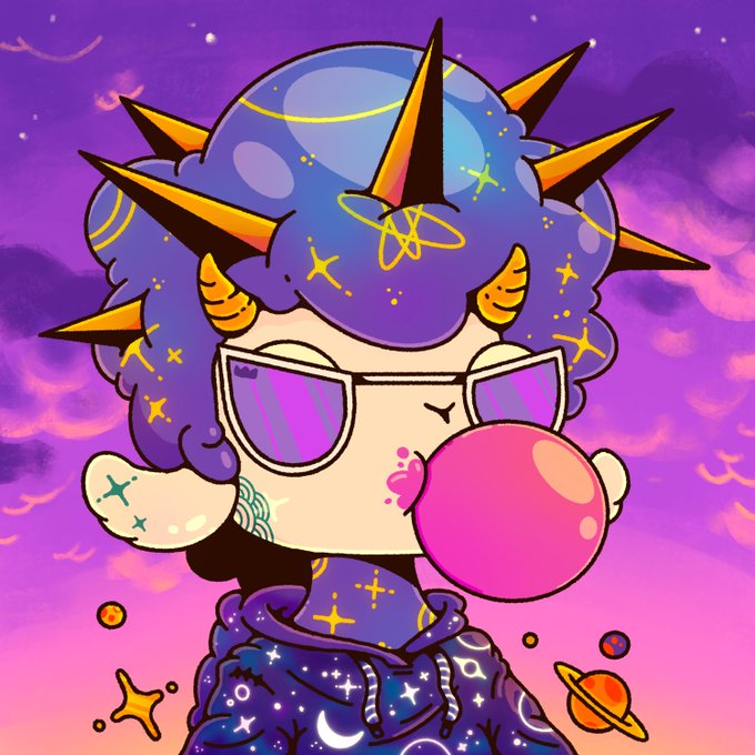 A colorful digital illustration of a cartoon character with purple spiky hair, sunglasses, and a galaxy-themed hoodie blowing pink bubblegum against a purple sky.