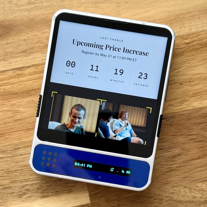 An image of a tablet showing a webpage displaying an upcoming price increase forethics tickets. The time shown is 6:54 PM, and the source code ETHDAILY shows a discount for attending the event at that time.