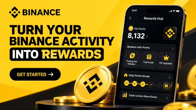 A Binance promotional banner reading 'TURN YOUR BINANCE ACTIVITY INTO REWARDS' with a phone displaying a Rewards Hub showing 8,132 My Points.