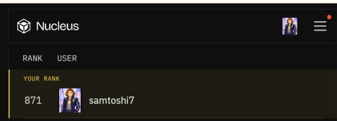A dark-themed interface showing 'Nucleus' with a user rank section displaying '871' and username 'samtoshi7'.