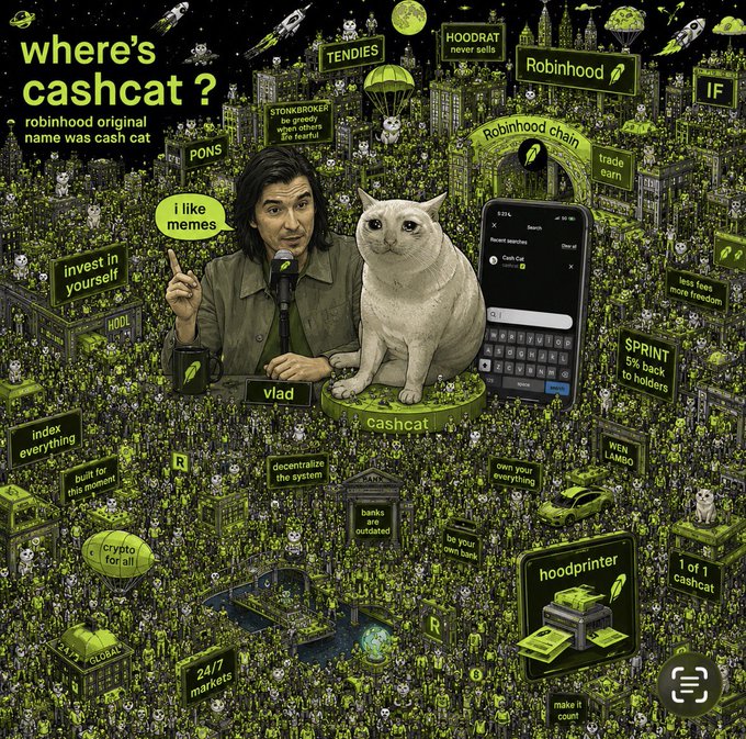 A detailed green-themed illustration featuring Vlad Tenev and a white cat labeled 'cashcat', asking 'where's cashcat?' and noting 'robinhood original name was cash cat', surrounded by Robinhood and crypto memes.