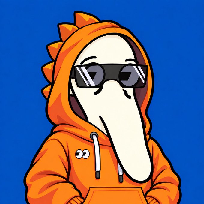A cartoon character with a long nose, wearing sunglasses and an orange dinosaur hoodie, smiles against a blue background. The playful, meme-style illustration fits the celebratory and casual tone of the post, which shouts out fellow creators and promotes a free mint collection opportunity.