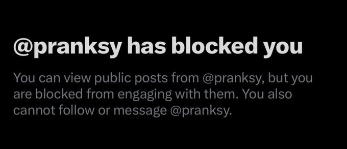 A screenshot of an Instagram message stating '@pranksy has blocked you' and explaining that you cannot follow or message them.