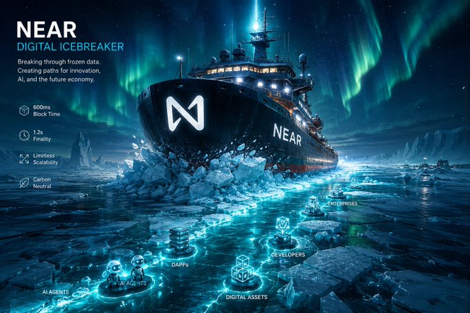 A NEAR Protocol promotional graphic titled 'NEAR DIGITAL ICEBREAKER,' showing an icebreaker ship labeled 'NEAR' breaking through frozen data, highlighting 600ms block time, 1.2s finality, limitless scalability, and carbon neutrality.