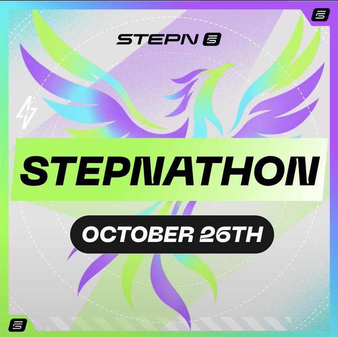 A promotional graphic for STEPN with a phoenix logo reading 'STEPNATHOM OCTOBER 26TH' on a colorful gradient background.