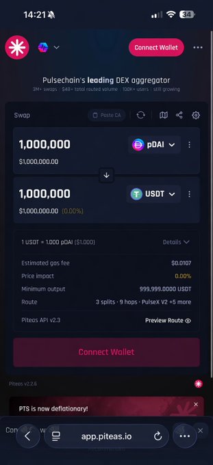 A mobile screenshot of Piteas DEX aggregator (app.piteas.io) showing a swap of 1,000,000 pDAI for 1,000,000 USDT on Pulsechain with a 0.00% price impact and 0.0107 estimated gas fee, with a red "Connect Wallet" button ready to execute the trade. The image illustrates the post's enthusiasm for the pDAI token on the Pulsechain network, showcasing the accessibility of large-scale swaps on the platform.