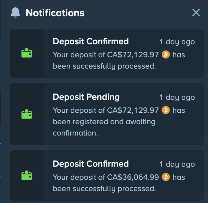A dark-themed notifications panel showing three messages: two 'Deposit Confirmed' alerts and one 'Deposit Pending' alert from '1 day ago', confirming deposits in amounts of CA$72,129.97 and CA$36,064.99.