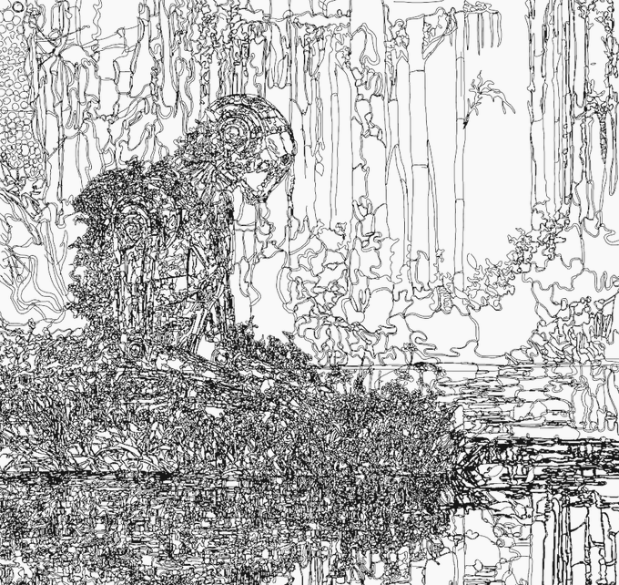 A black and white line art or edge-detection rendering of a forest landscape with a figure or tree covered in hanging vines.