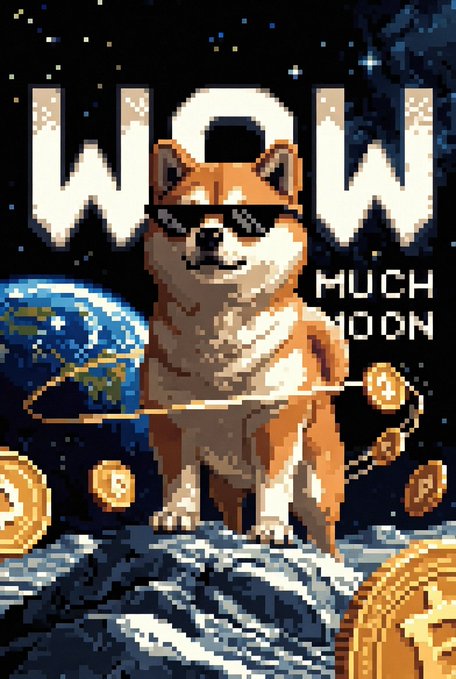 A pixel art image featuring a Shiba Inu dog wearing sunglasses standing on a lunar surface, with 'WOW MUCH MOON' text, Earth in the background, and Dogecoin coins.