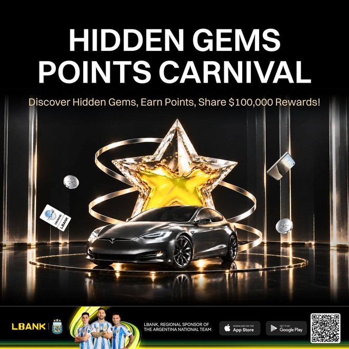 A promotional advertisement for LBank's "Hidden Gems Points Carnival" featuring a gray Tesla car displayed beneath a large golden star, surrounded by floating prizes like a UBTC voucher, a laptop, and coins, with "$100,000 Rewards" prominently noted and LBank identified as a regional sponsor of the Argentina National Team.

The image visually reinforces the post's message by showcasing the variety of rewards (Tesla car, USDT/ETH vouchers) that eligible users can redeem through LBank's Hidden Gems Points Carnival.
