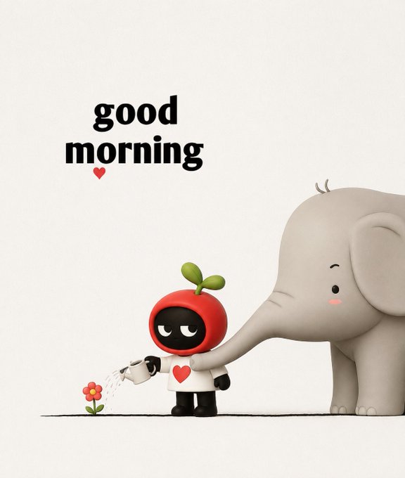 A cute illustration featuring 'good morning' text with a small black character in a red tomato-like outfit watering a flower alongside a friendly gray elephant.