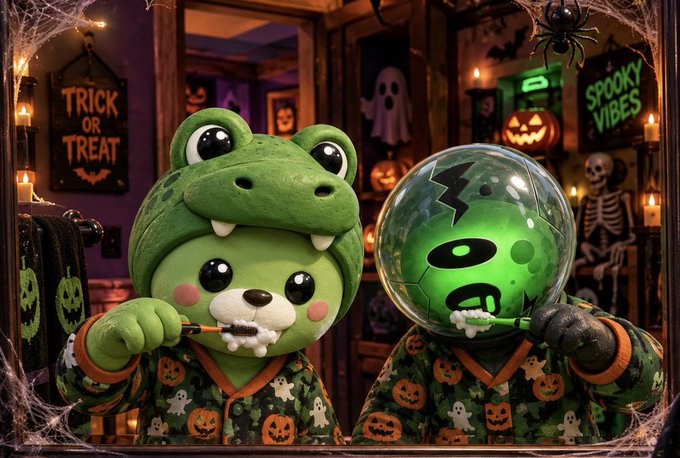 Two cute Halloween-themed plush characters in pumpkin pajamas brush their teeth together in a spooky decorated bathroom featuring jack-o'-lanterns, spiders, and signs reading 'Trick or Treat' and 'Spooky Vibes.'