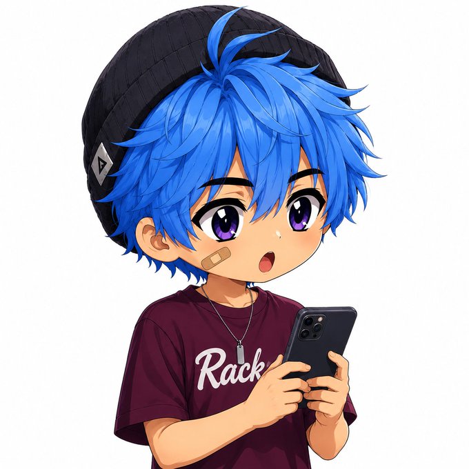 An anime-style illustration of a young boy with spiky blue hair, purple eyes, a band-aid on his cheek, and a black beanie, wearing a maroon shirt that reads 'Rack' while holding a smartphone.