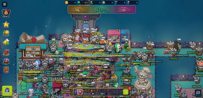 A screenshot of a chaotic 2D multiplayer browser game featuring numerous cartoon characters crowded together, with player names and chat text flooding the screen.