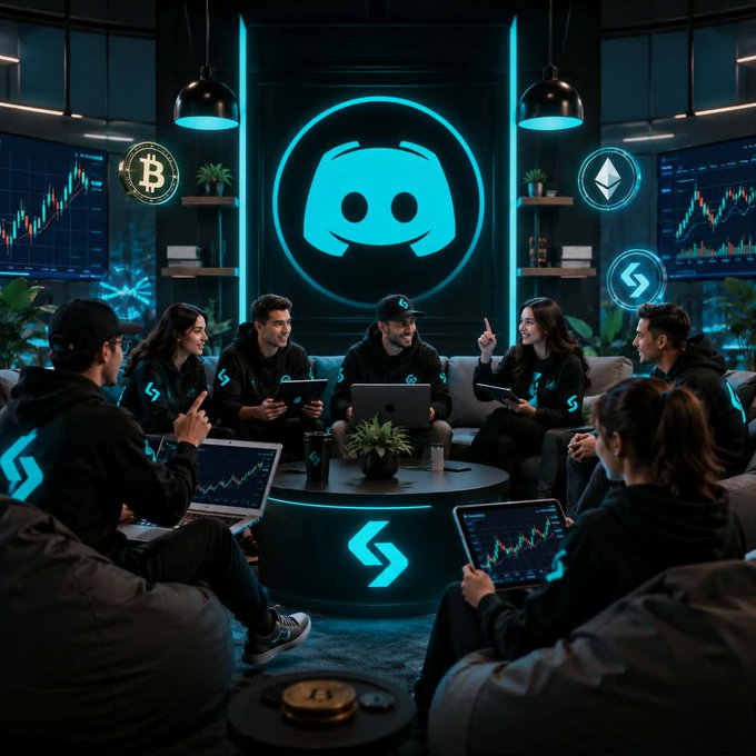 A group of people in matching black hoodies with a cyan 'S' logo gather around a circular table with laptops displaying crypto trading charts, with a large Discord logo and Bitcoin and Ethereum icons visible on screens behind them.