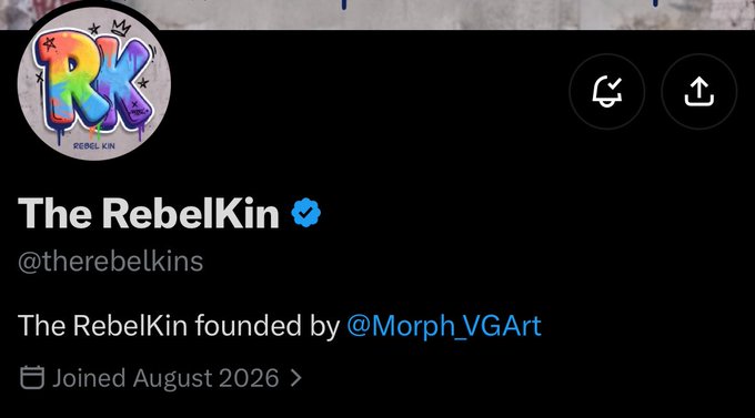 A Twitter/X profile page for 'The RebelKin' (@therebelkins), verified with a blue checkmark, founded by @Morph_VGArt, showing 'Joined August 2026' with a colorful dripping 'RK' avatar.
