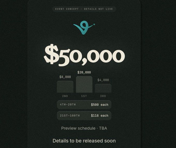 A dark promotional graphic for a Commonsmade hackathon features a $50,000 prize pool broken down as: 1st place $20,000, 2nd place $8,000, 3rd place $4,000, 4th-20th $500 each, and 21st-100th $118 each, with a note that "Details to be released soon."