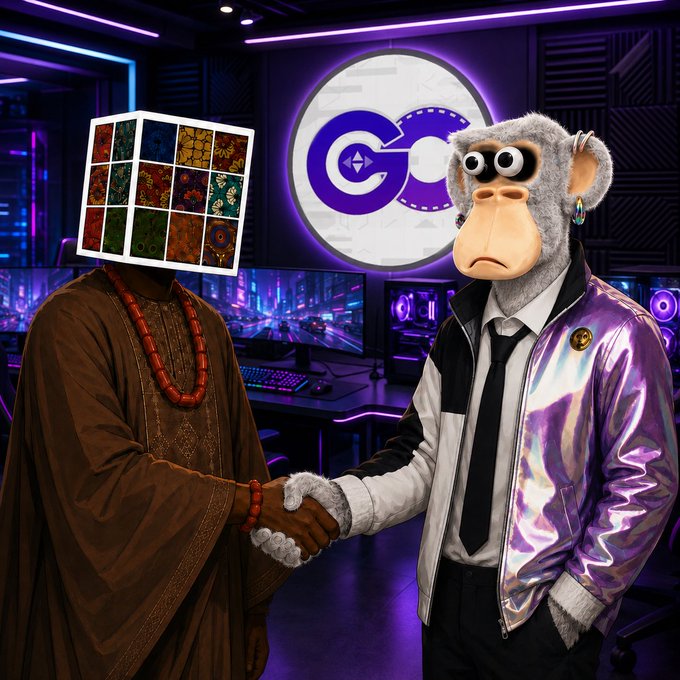 A digitally composed image shows two figures shaking hands in a neon-lit gaming room: one on the left has a head made of a colorful pattern grid and wears a brown robe with red beads, while the other on the right has a monkey head and wears a shiny purple jacket.