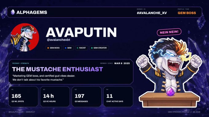 An "ALPHAGEMS" profile card for "AVAPUTIN" (@avalanchexbt) labels him "THE MUSTACHE ENTHUSIAST" and shows stats including 165 WL spots, 14 h VC hours, 197 messages, and 11 chat active days.