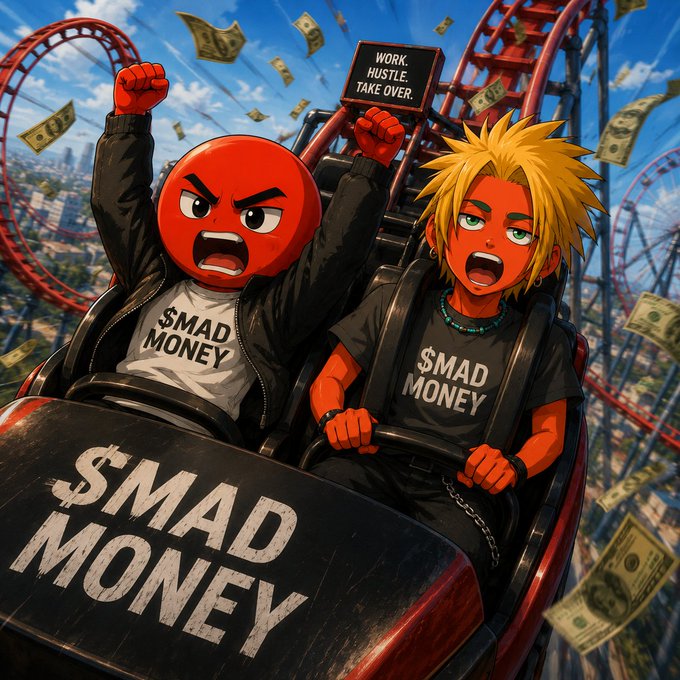 Two fierce "$MAD Money" mascots—a red round-faced character and a spiky blonde anime-style character—ride a high-speed roller coaster through a sky filled with flying dollar bills, with a sign reading "WORK. HUSTLE. TAKE OVER." above them, perfectly capturing the post's high-energy "$MAD TO THE MOON" weekend hype and hustle-driven crypto rally spirit.