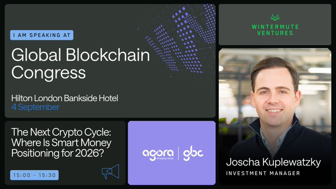 A speaking engagement announcement for Joscha Kuplewatzky, Investment Manager at Wintermute Ventures, at the Global Blockchain Congress on 4 September, covering 'The Next Crypto Cycle: Where Is Smart Money Positioning for 2026?'