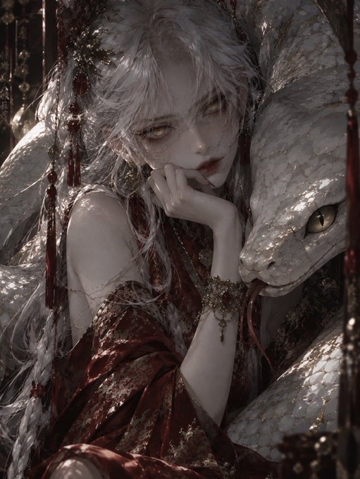 A fantasy digital artwork of a pale woman with white hair, golden eyes, and an ornate dress, resting against a large white snake or dragon.