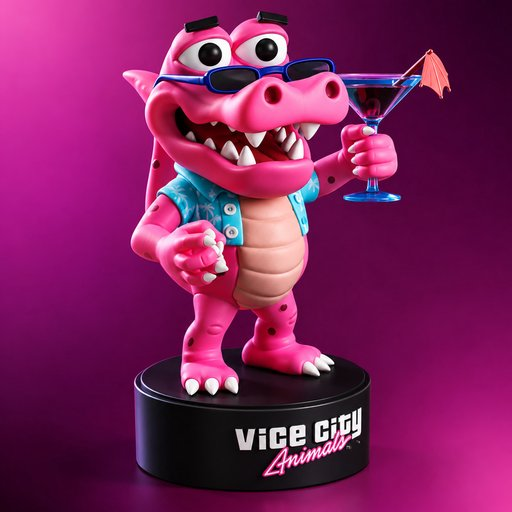 A pink cartoon alligator figurine wearing sunglasses and a blue vest holds a cocktail on a black pedestal labeled “Vice City Animals.”