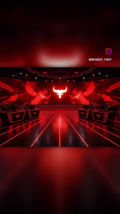 A red-lit stage or venue with a bull logo and the Instagram handle '@BREAKOUT_TVOFF' visible.