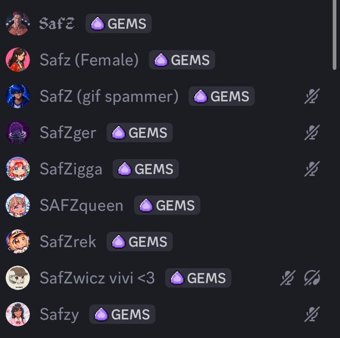 A Discord member list showing various usernames with "SafZ" variations (Safz, SafZ (Female), SafZ (gif spammer), SafZger, SafZigga, SAFZqueen, SafZrek, SafZwicz vivi <3, Safzy) all next to a purple "GEMS" gem emoji.