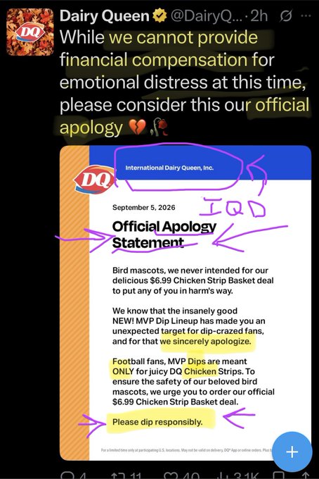 The image is a tweet from Dairy Queen's official account (@DairyQ...) sharing an "Official Apology Statement" dated September 5, 2026, which humorously apologizes for putting "Bird mascots" on a $6.99 Chicken Strip Basket deal, noting the "insanely good NEW! MVP Dip Lineup" poses a safety risk for dip-crazed fans, and urging customers to "dip responsibly." The accompanying post humorously ties the Dairy Queen apology to a supposed IQD (Iraqi Dinar) "dip" coming, using the chicken strip promo's "dip responsibly" message as a metaphor for holding onto the currency through a rumored devaluation or revaluation event.