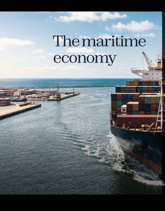 A large container ship sails through a harbor under a blue sky, with the text "The maritime economy" overlaid on the image.
