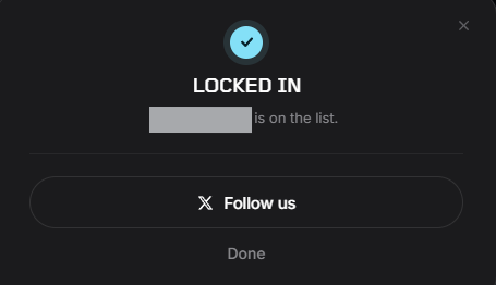 A confirmation screen reads "LOCKED IN" with a success checkmark, indicating that a username (blurred out) is on the list, accompanied by a "Follow us" button and a "Done" option—likely the result screen after completing Metric's early access signup process mentioned in the post.