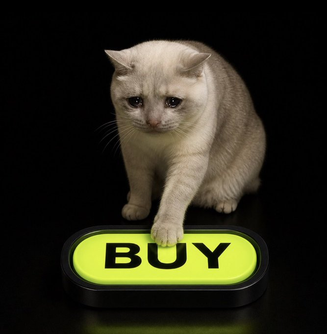 A sad-looking cat pressing its paw on a glowing green 'BUY' button against a black background.
