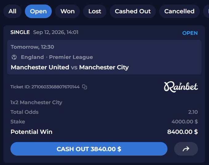 A sports betting interface from Rainbet showing an open single bet on the Manchester United vs Manchester City Premier League match, with a stake of $4000.00, total odds of 2.10, and a potential win of $8400.00 (cash out option of $3840.00).