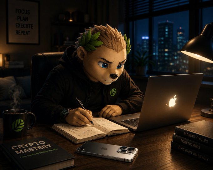 A stylized 3D illustration of an anthropomorphic hedgehog character wearing a black hoodie with a green leaf logo, sitting at a desk with a MacBook, writing in a notebook, with a coffee mug, a phone, and books on crypto and tokenomics nearby.