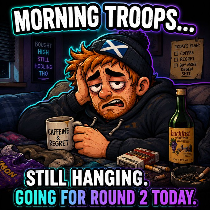 A cartoon illustration of a red-haired man with a Scottish flag beanie holding a "Caffeine & Regret" mug, titled "MORNING TROOPS..." and captioned "STILL HANGING. GOING FOR ROUND 2 TODAY." with a "buckfast" wine bottle nearby.