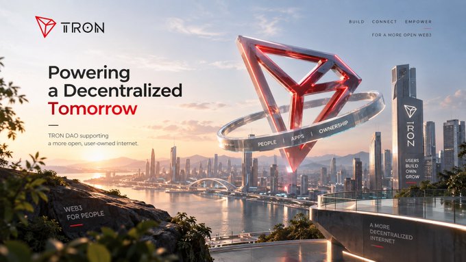A promotional banner for 'TRON' with the tagline 'Powering a Decentralized Tomorrow', featuring a futuristic cityscape and a large floating triangular TRON logo.