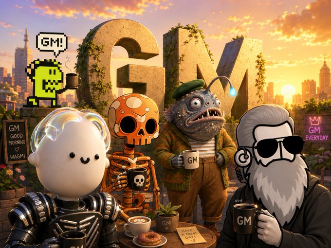 An illustration of various NFT and crypto characters, including a robot, skeleton, anglerfish, and cartoon figure with sunglasses, gathered around a table with 'GM' mugs, with the letters 'GM' in the background and a sign reading 'GM GOOD MORNING WAGMI.'