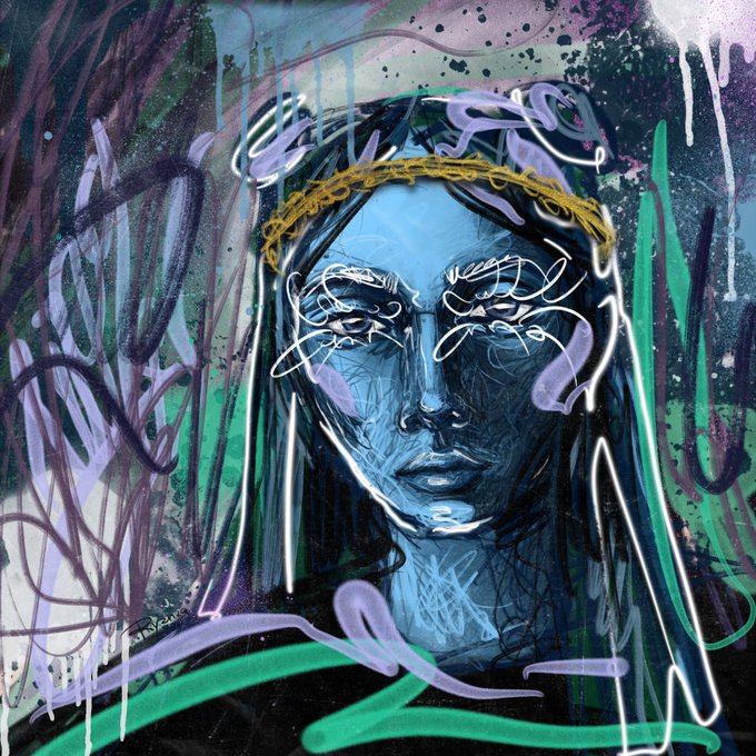 A stylized digital portrait of a hooded figure rendered in blue tones with a golden crown of thorns, overlaid with chaotic graffiti-style linework and splattered paint in green, purple, and white—evoking the raw, unmasked vulnerability described in the post about "File 03 — Without Masks 3301." No visible text appears within the artwork itself.