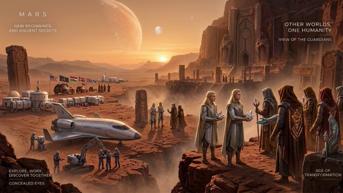 A sci-fi Mars scene featuring robed figures, a 'Rover Mars' vehicle, flags, and a large moon, with text including 'MARS', 'OTHER WORLDS, ONE HUMANITY', 'VIEW OF THE GUARDIANS', 'EXPLORE. WORK. DISCOVER TOGETHER. CONCEALED EYES', and 'AGE OF TRANSFORMATION'.