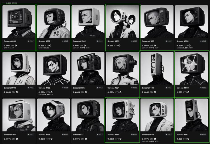 An NFT marketplace gallery showing a collection of 18 black-and-white illustrated portraits of characters with TV/monitor heads, labeled as Screens, with prices ranging from approximately 0.0004 to 0.088 ETH.