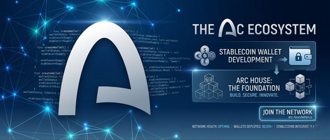 The main goal of this image is to promote the use of the Arc ecosystem for developing specialized wallets for stablecoins or personal development. The image features a blue banner with the word "A" prominently displayed, accompanied by a white block containing a code that reads "arc house". This code represents the Arc ecosystem and its focus on improving practical skills and personal development through the use of specialized wallets for stablecoins.