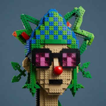 A LEGO sculpture depicting a head with green and blue hair, pink pixelated sunglasses, a red clown nose, and green leaf-like protrusions on the sides.
